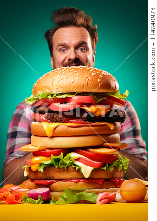 Big hamburger on the table and very hungry man ready to eat the burger. Generative Ai image 114840973