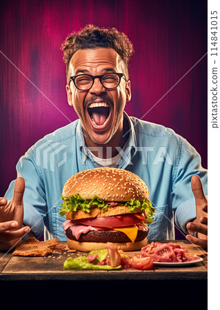 Happy man prepared to eat a big hamburger. Generative Ai image 114841015