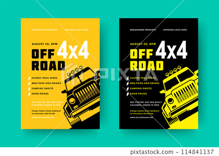 Off road truck competition poster or flyer event modern typography design template and 4x4 suv car silhouette. Off road truck competition poster or flyer event modern typography design template and 4x4 suv car silhouette. 114841137