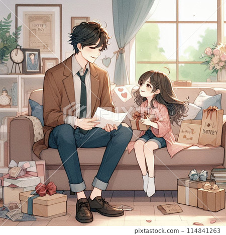 Anime-style illustration of a girl giving a present and a letter on Father's Day 114841263