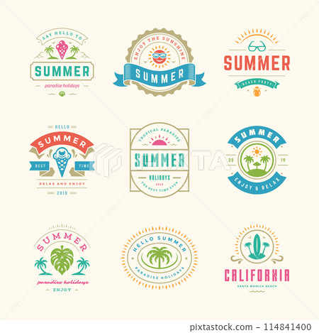 Summer holidays labels and badges retro typography design set. 114841400