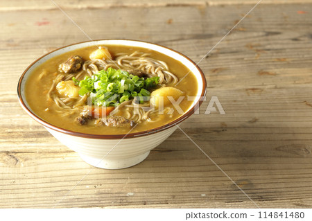 Curry soba noodles with plenty of spring onions Curry soba noodles with plenty of spring onions 114841480