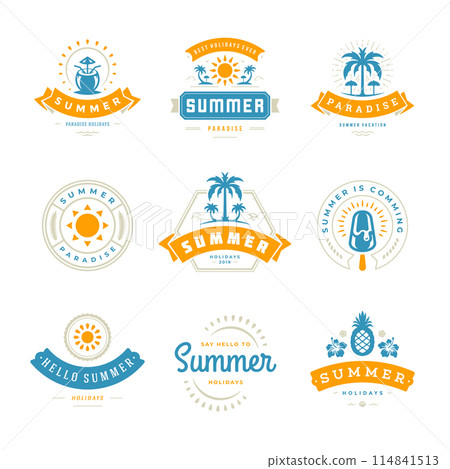 Summer holidays labels and badges retro typography design set. 114841513