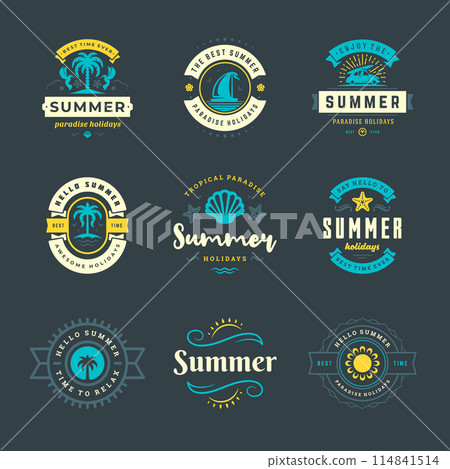 Summer holidays labels and badges retro typography design set. 114841514