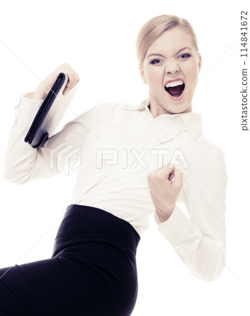 Happy businesswoman with success hand gesture Happy businesswoman with success hand gesture 114841672