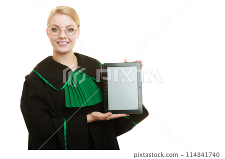 Woman lawyer holds tablet blank copy space. Woman lawyer holds tablet blank copy space. 114841740