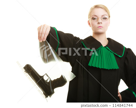 Woman lawyer with gun bag marked evidence for crime. 114841744
