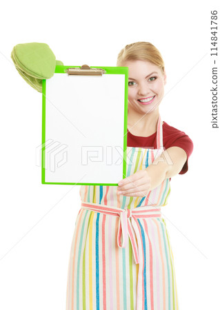 housewife holding clipboard with copy space for text. 114841786