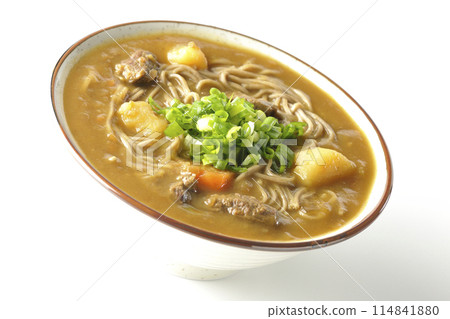 Curry soba noodles with plenty of green onions photographed on a white background 114841880