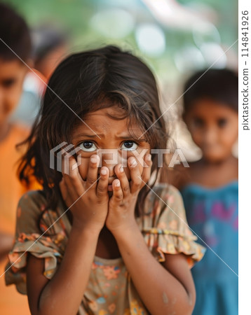 A young girl with large, expressive eyes holds her face in her hands, her gaze piercing through a crowd of peers. Her expression conveys a mix of curiosity and mild concern. 114841926