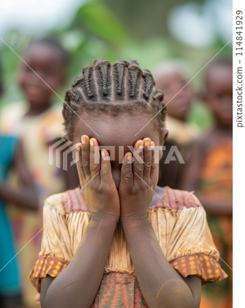 A child with intricate braided hair covers her face with her hands, her peers blurred in the background. A moment of childhood innocence and vulnerability is captured. 114841929