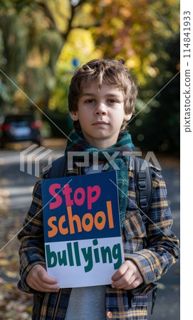In an autumn setting, a young boy with a backpack holds a sign 'Stop School Bullying' with a hopeful look. His expression conveys a wish for change in his school environment. In an autumn setting, a young boy with a backpack holds a sign 'Stop School Bullying' with a hopeful look. His expression conveys a wish for change in his school environment. 114841933
