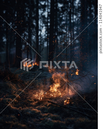 A subtle yet powerful display of wildfire, the fire's embers gently cascade over the forest floor. The image captures the delicate balance between destruction and natural processes. A subtle yet powerful display of wildfire, the fire's embers gently cascade over the forest floor. The image captures the delicate balance between destruction and natural processes. 114841947