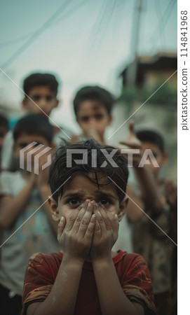 A child with haunting eyes covers his mouth in silence among a crowd, conveying a powerful message of fear and the need for protection. 114841968