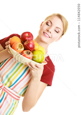 housewife or seller offering healthy fruit isolated housewife or seller offering healthy fruit isolated 114842050