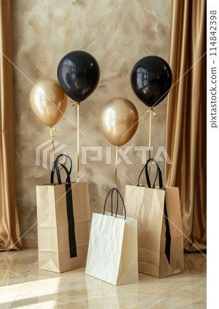 Birthday presents. Shopping bags with golden and black balloons against light background. Celebration Birthday presents. Shopping bags with golden and black balloons against light background. Celebration 114842398