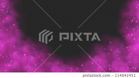 Pink magic smoke with stars and sparkles, fog with glowing particles, colorful vapor with star dust. 114842451