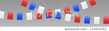 Bunting flags garland, party flags in red, blue and white colors. Bunting flags garland, party flags in red, blue and white colors. 114842453