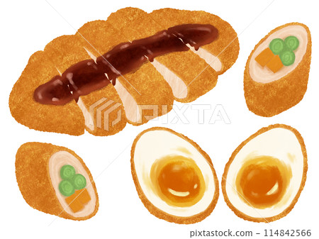Illustration of fried pork cutlet with sauce and vegetables 114842566