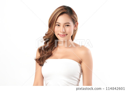 Beautiful young asian woman with clean fresh skin on white background, Face care, Facial treatment, Cosmetology, beauty and spa, Asian women portrait. Beautiful young asian woman with clean fresh skin on white background, Face care, Facial treatment, Cosmetology, beauty and spa, Asian women portrait. 114842601