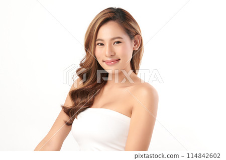 Beautiful young asian woman with clean fresh skin on white background, Face care, Facial treatment, Cosmetology, beauty and spa, Asian women portrait. Beautiful young asian woman with clean fresh skin on white background, Face care, Facial treatment, Cosmetology, beauty and spa, Asian women portrait. 114842602