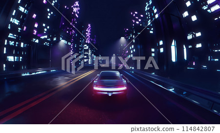 3d render car driving on the city streets at night with neon lights and in a cyberpunk style 3d render car driving on the city streets at night with neon lights and in a cyberpunk style 114842807
