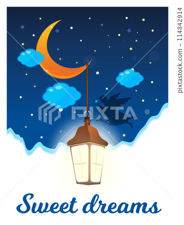 An angel flies in the night sky against the backdrop of a crescent moon 114842914