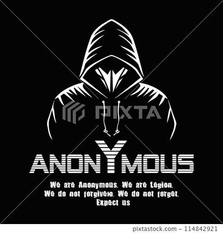 Anonymous logo design. A man in a mask and a hoodie. Anonymous slogan in English: We are Anonymous. Anonymous logo design. A man in a mask and a hoodie. Anonymous slogan in English: We are Anonymous. 114842921