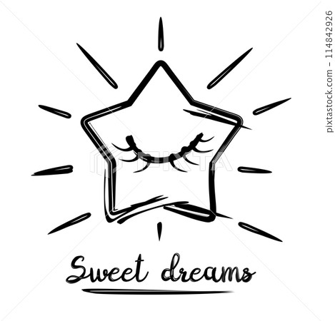 Sweet dreams. Stylized sleeping star with a closed eye, hand drawing, doodle style Sweet dreams. Stylized sleeping star with a closed eye, hand drawing, doodle style 114842926