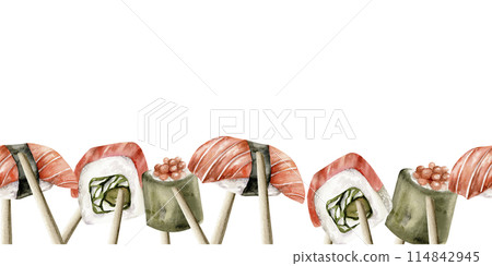 Sushi and sashimi in wooden chopsticks watercolor seamless border. Japanese sea food with salmon, caviar , eating clip art for restaurant menu, cafe, sushi bar design Sushi and sashimi in wooden chopsticks watercolor seamless border. Japanese sea food with salmon, caviar , eating clip art for restaurant menu, cafe, sushi bar design 114842945