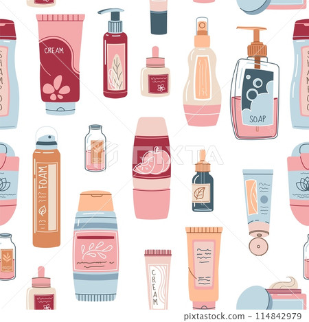 Seamless pattern with bottles of cosmetic products. Shampoo, cream, soap for face and body. Personal care, hygiene. Vector flat illustration for texture, background, wallpaper, fabric 114842979