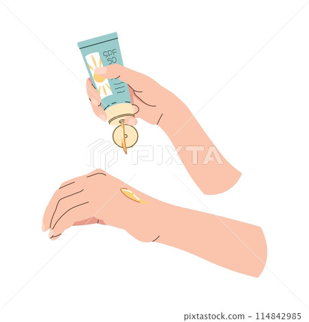 Hand applying sunscreen. Skin care. Protection from the sun and sun rays, healthy skin, even tan. Vector flat illustration on isolated background 114842985