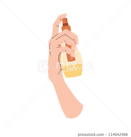 Hand holding sunscreen. Skin care. Protection from the sun and sun rays, healthy skin, even tan. Vector flat illustration on isolated background Hand holding sunscreen. Skin care. Protection from the sun and sun rays, healthy skin, even tan. Vector flat illustration on isolated background 114842986