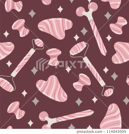 Seamless pattern with gua sha massagers. Facial skin care. Simple texture in flat style. Great for decor and design Seamless pattern with gua sha massagers. Facial skin care. Simple texture in flat style. Great for decor and design 114843009
