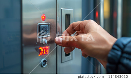 Hand entering a code on an automated locker keypad, close-up, focus on the action, technology concept. 114843010