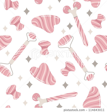 Seamless pattern with gua sha massagers. Facial skin care. Simple texture in flat style. Great for decor and design Seamless pattern with gua sha massagers. Facial skin care. Simple texture in flat style. Great for decor and design 114843011