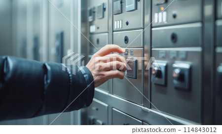 Hand pressing a button on an automated locker keypad, focus on action, modern security technology. Hand pressing a button on an automated locker keypad, focus on action, modern security technology. 114843012