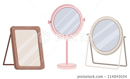 Set of cosmetic mirrors isolated background. Table mirrors. Vector flat illustration of an item for bathroom, room interior 114843034