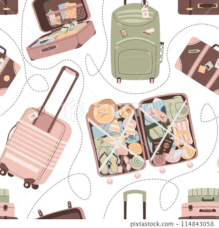 Seamless pattern with suitcases and bags. Endless background with luggage. Travel around the world, adventure. Great for wallpaper, scrapbooking, fabric 114843058