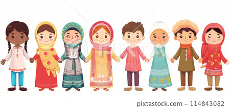 Illustration of children from diverse cultures holding hands, dressed in traditional clothing. 114843082