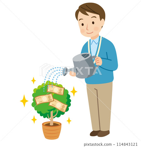 A man watering a money tree, asset management, money A man watering a money tree, asset management, money 114843121