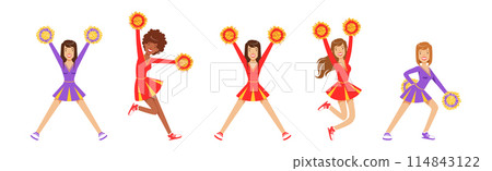 Dance of Cheerleader Girl Character in Uniform with Pompom Vector Set 114843122