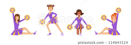 Dance of Cheerleader Girl Character in Uniform with Pompom Vector Set 114843124