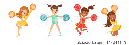Dance of Cheerleader Girl Character in Uniform with Pompom Vector Set 114843143
