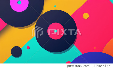 Abstract geometric background with colorful vinyl records in vibrant colors and patterns 114843146