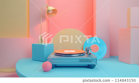 Modern Pastel Record Player with Vinyl and Lamp - Retro Music and Decor Concept 114843150