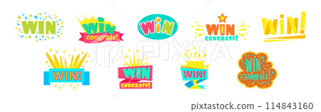 Win Congrats Bubble and Sticker Colorful Vector Set Win Congrats Bubble and Sticker Colorful Vector Set 114843160
