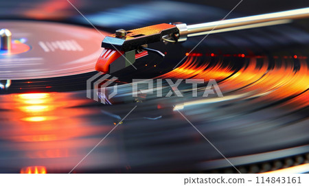 Close-Up of Spinning Vinyl Record on Turntable - Analog Music and Retro Sound Concept 114843161