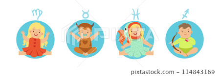 Zodiac Icon and Horoscope Signs with Baby Character Vector Set 114843169