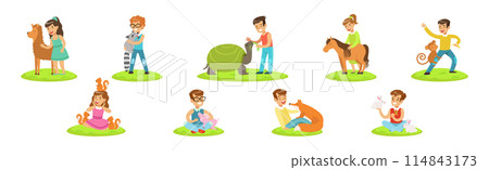 Happy Children and Cute Animals In Petting Zoo Vector Set Happy Children and Cute Animals In Petting Zoo Vector Set 114843173
